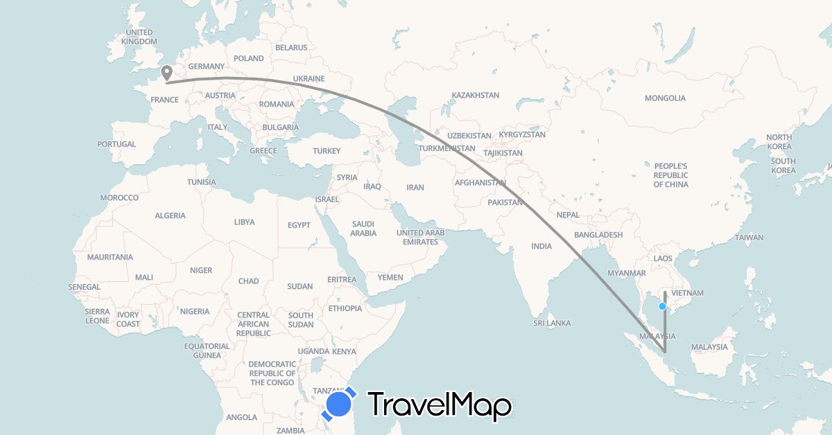 TravelMap itinerary: bus, plane, boat in France, Cambodia, Singapore (Asia, Europe)